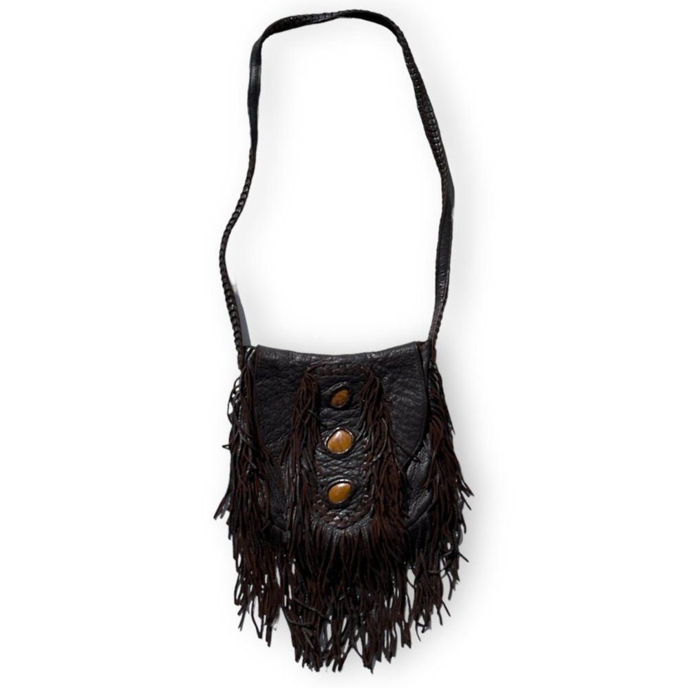 Tribe America Vintage Fringe Leather Bohemian Style Shoulder Bag Dark Brown